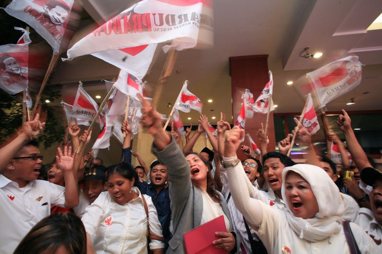 Supporters of Indonesian presidential candidate Prabowo Subianto gather inside a convention center in Jakarta on July 9.