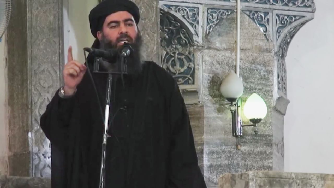 This still from a video purports to show Abu Bakr al-Baghdadi delivering a sermon at a mosque in Mosul on July 5.