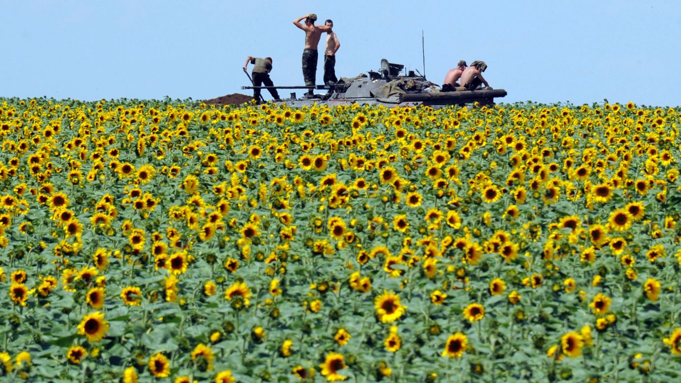 Ukrainian soldiers sit on an armored vehicle as they take up a position in a sunflower field near Donetsk, Ukraine, on Thursday, July 10. Here's a look at the upheaval that has persisted in eastern Ukraine since the election of President Petro Poroshenko.