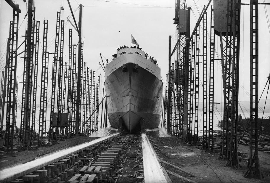 Cargo ships have come a long way from this hulking vessel, pictured easing down a slipway in Glasgow, Scotland, in 1945. "If you go maybe 150 years back, a normal cargo vessel had about 250 crew. And it's been reducing ever since -- now we are down to 12 or 15," said Levander. 