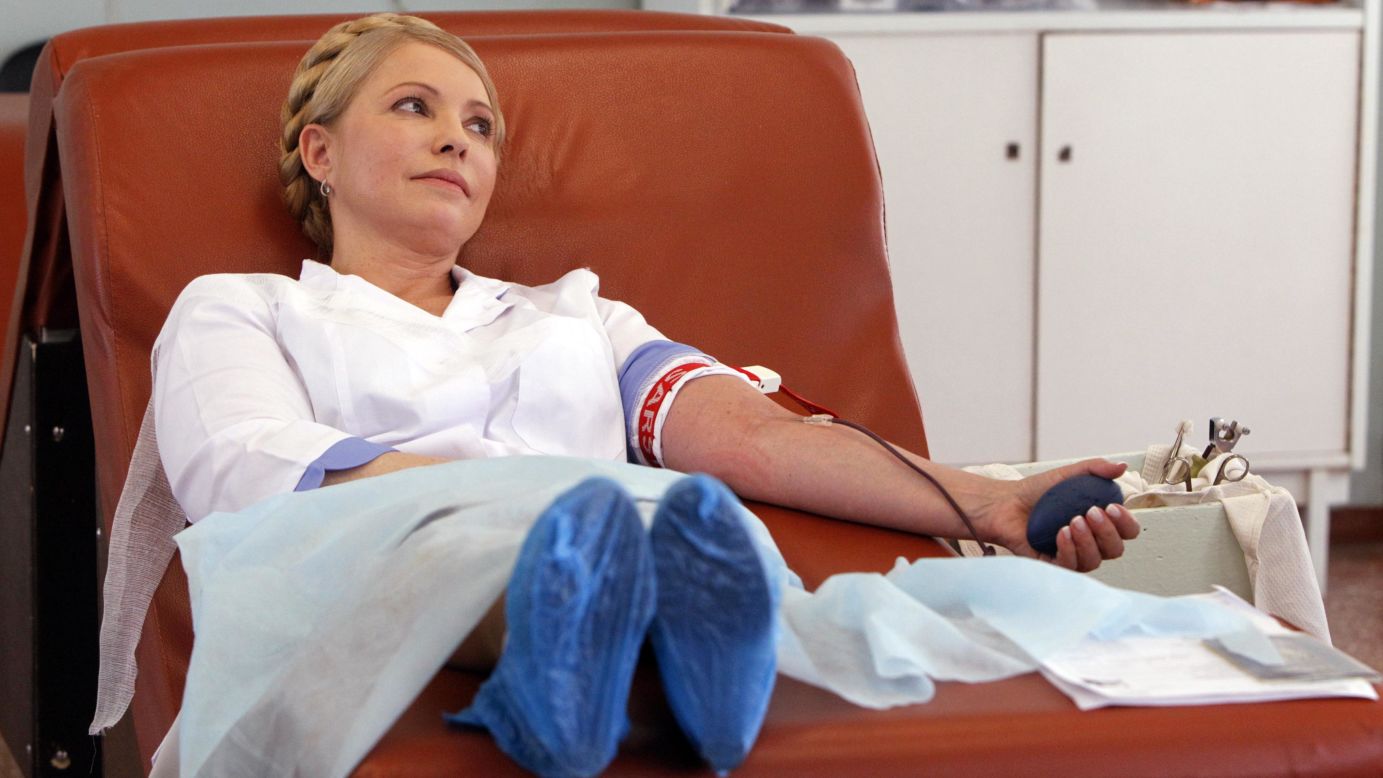 Former Ukrainian Prime Minister Yulia Tymoshenko donates blood Tuesday, July 8, for those wounded in <a href="http://www.cnn.com/2014/05/27/world/gallery/ukraine-after-election/index.html">the military operation against pro-Russian separatists.</a>