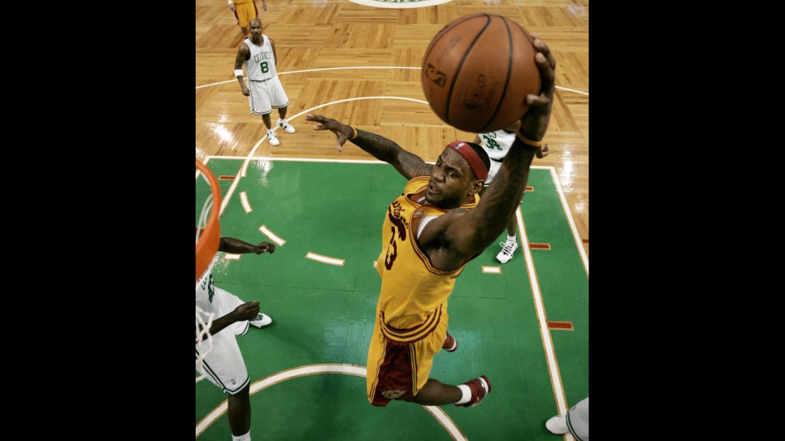 LeBron James of the Miami Heat rises for a dunk against the Los