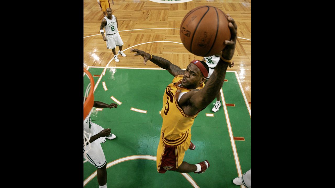 James goes to the basket during a March 2009 game against the Boston Celtics. James won the NBA's Most Valuable Player Award in 2009, 2010, 2012 and 2013.