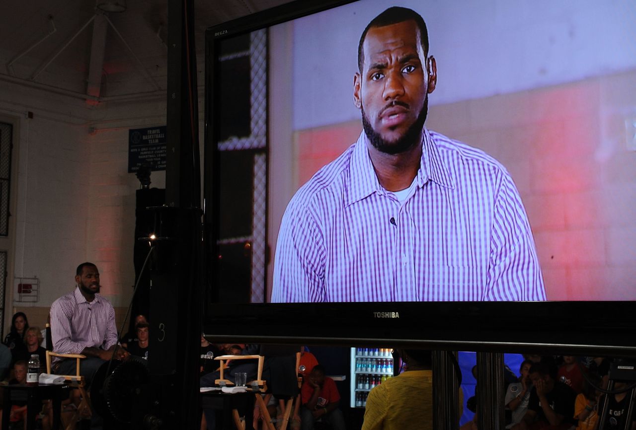 In July 2010, James speaks at the Boys & Girls Club in Greenwich, Connecticut. It was there that he announced, live on an ESPN program called "The Decision," that he would be leaving Cleveland to play for the Miami Heat.