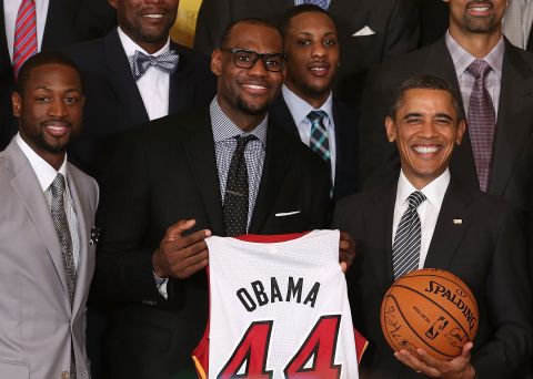 James presents President Obama with a jersey while the Heat were being honored at the White House in January 2013.