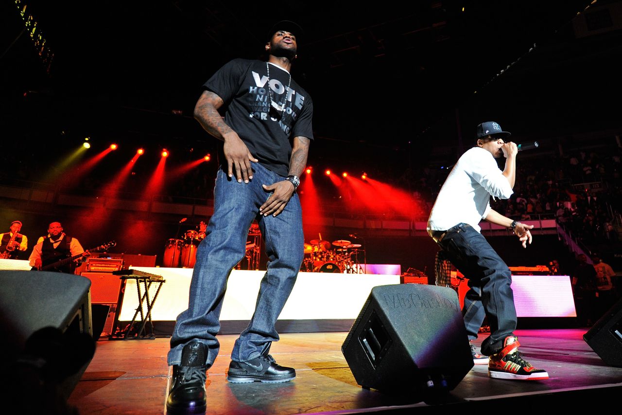 James stands on stage with rapper Jay-Z during the "Last Chance For Change" concert in Cleveland in October 2008. The event was part of the presidential campaign for Barack Obama.