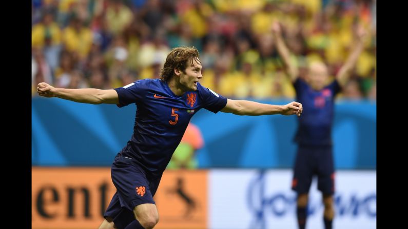 Netherlands defender Daley Blind celebrates after scoring a goal to make it 2-0.