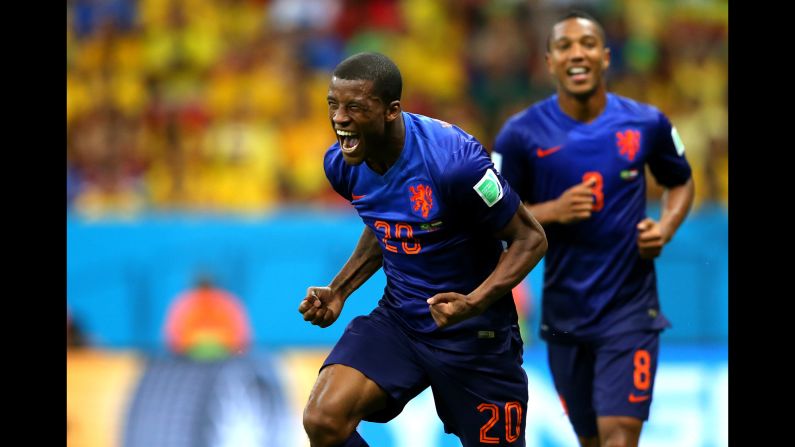 Georginio Wijnaldum of the Netherlands celebrates scoring his team's third goal in the World Cup third-place match in Brasilia. Netherlands defeated Brazil 3-0.