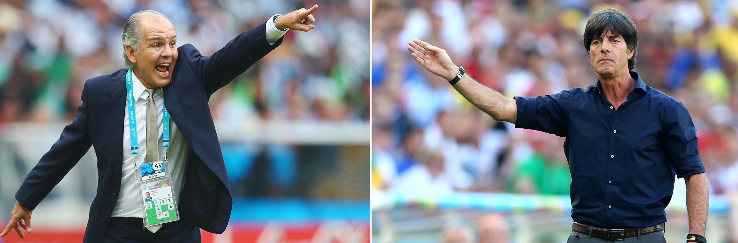 A la izquierda, el entrenador del equipo argentino Alejandro Sabella; a la derecha, el entrenador del equipo alemán Joachim Löw.