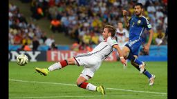 Mario Goetze of Germany scoresthe only goal of the game during extra time during the World Cup final against Argentina at Maracana on July 13 in Rio de Janeiro, Brazil. Germany defeated Brazil 1-0 to become the World Cup champions.