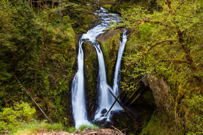 Visitors to Western Gorge, Oregon, can make the steep hike to view Oneonta Creek's segmented Triple Falls from the front and above.  
