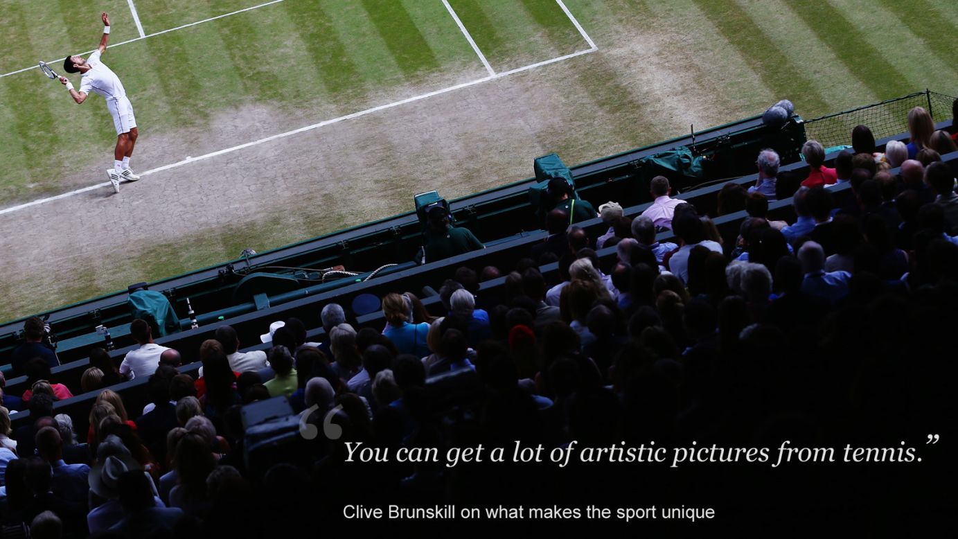 Compared to other sports like football, Brunskill enjoys the opportunities for artistic photographs that tennis presents.<br /><br />"The only thing I think it's similar to is golf because golf has got that same sort of country club feel to it," he explained.<br /><br />The lush green grass and ivy-covered Centre Court also make Wimbledon particularly easy on the eye, but the raft of rules at tennis' oldest grand slam present a unique set of challenges.<br /><br />"It's one of the hardest ones to do because you are limited a little on space, whereas at other tournaments you can just walk into the crowd and shoot from the public seats and get your angles. <br /><br />"It's just tradition here and you stick by the rules and you don't break rules."<br /> 