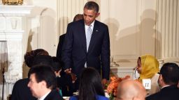 U.S. President Barack Obama hosts an Iftar dinner in the State Dinning Room at the White House in Washington on July 14, 2014. 
