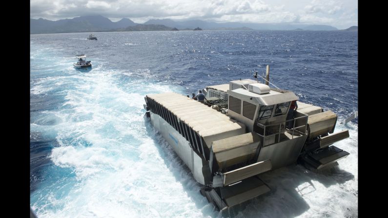 A half-scale Ultra Heavy-lift Amphibious Connector, also known as a UHAC, departs the amphibious dock landing ship USS Rushmore during the Rim of the Pacific exercise off Hawaii.