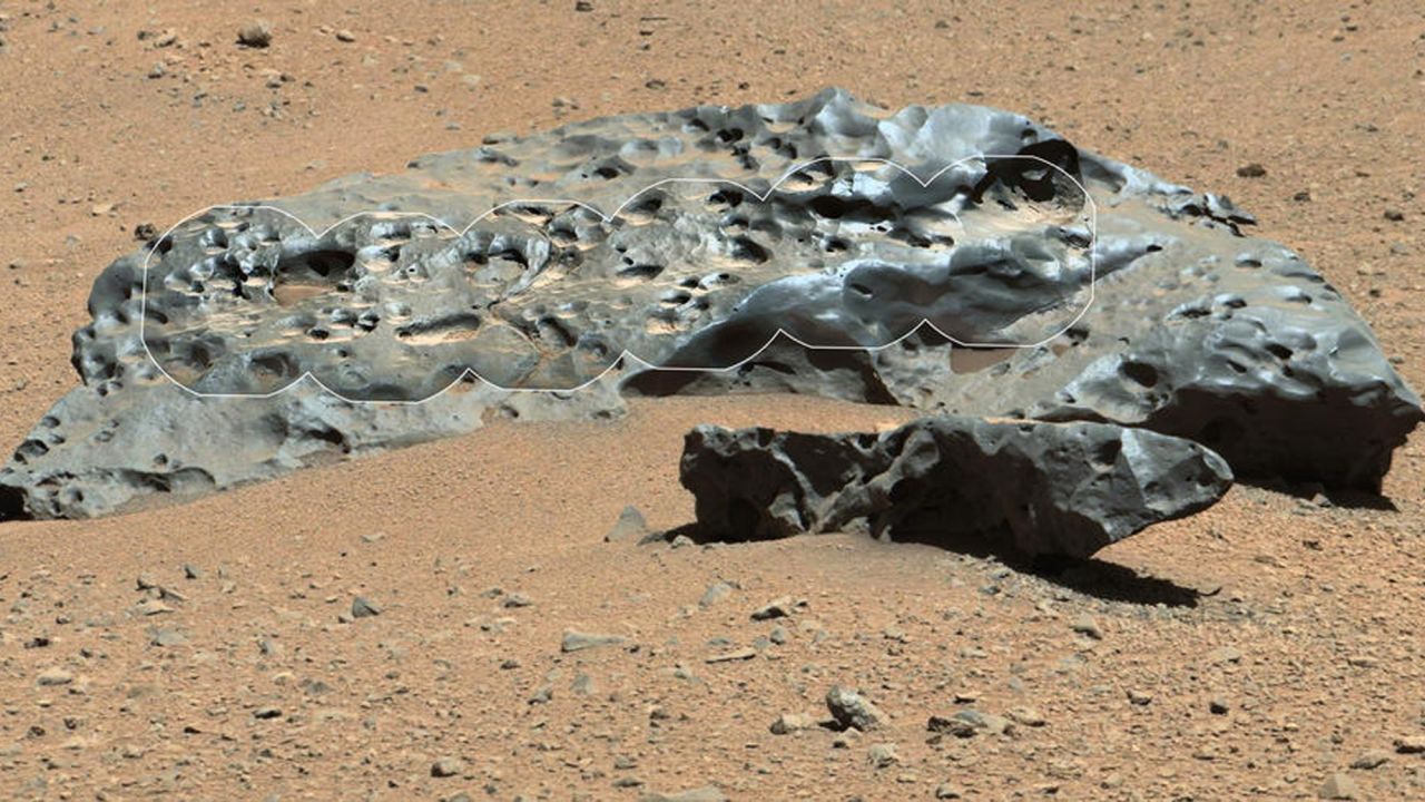The rover recently encountered this iron meteorite, which NASA named "Lebanon." This find is similar in shape and luster to iron meteorites found on Mars by the previous generation of rovers. A portion of the rock was outlined by NASA scientists.
