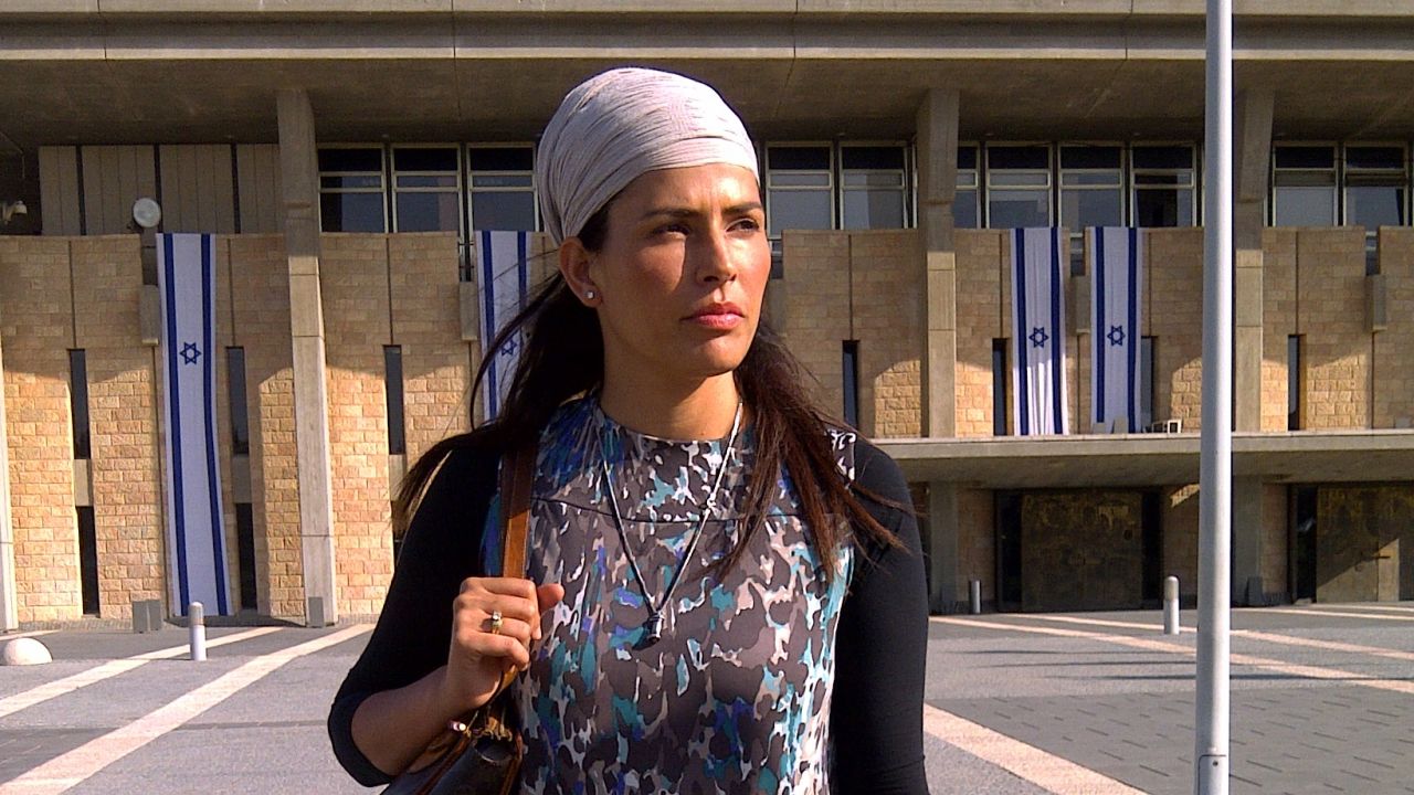 Former Miss Israel Linor Abargil outside the Israeli Parliament in Jerusalem.