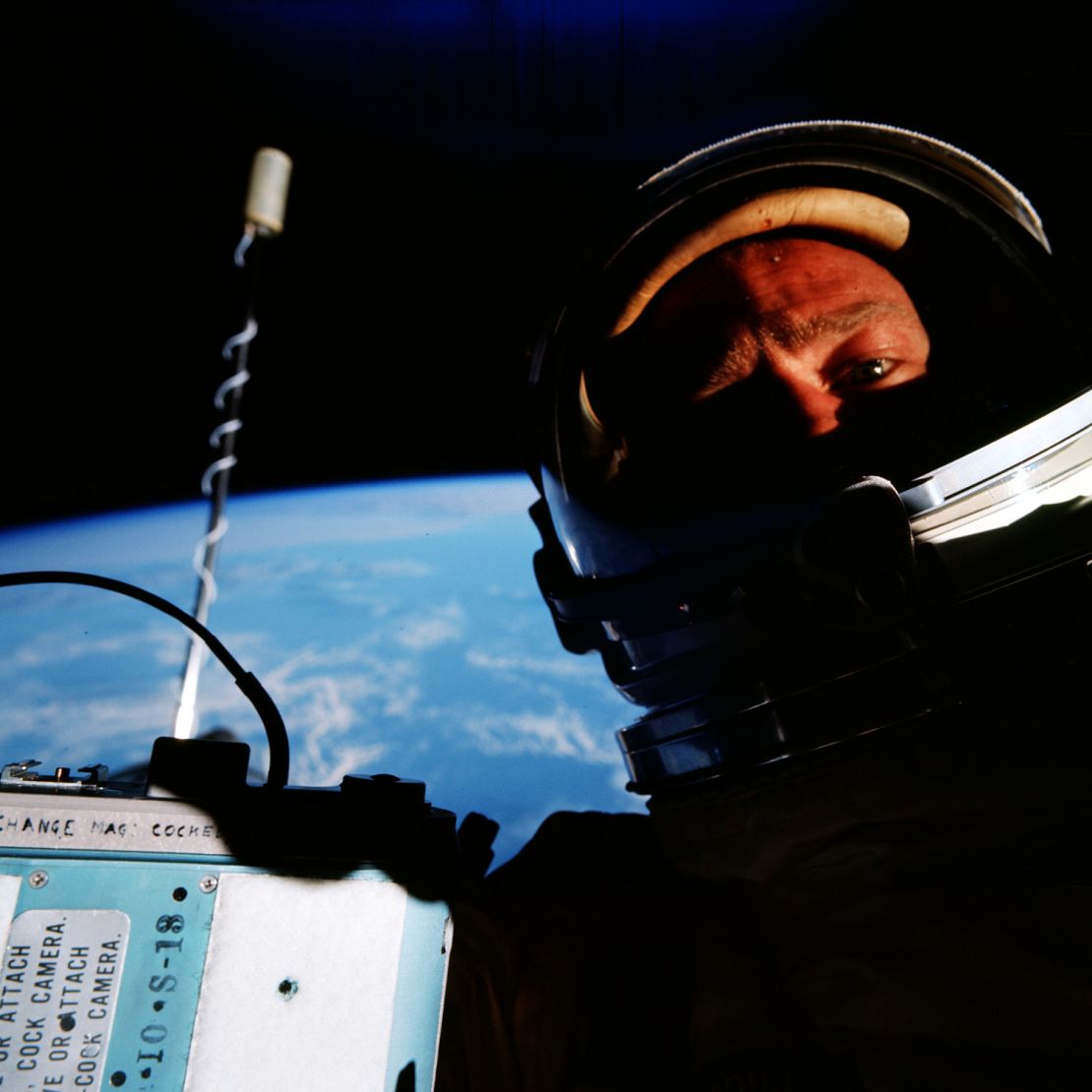 Buzz Aldrin takes what was probably the first "space selfie" during his Gemini 12 mission in 1966.