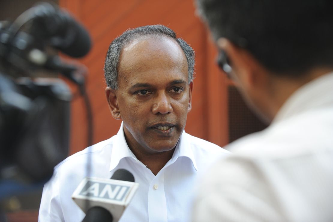 File: Singapore's Minister for Foreign Affairs, K. Shanmugam, speaks to the media during his visit to Gujarat, India on May 10, 2012.