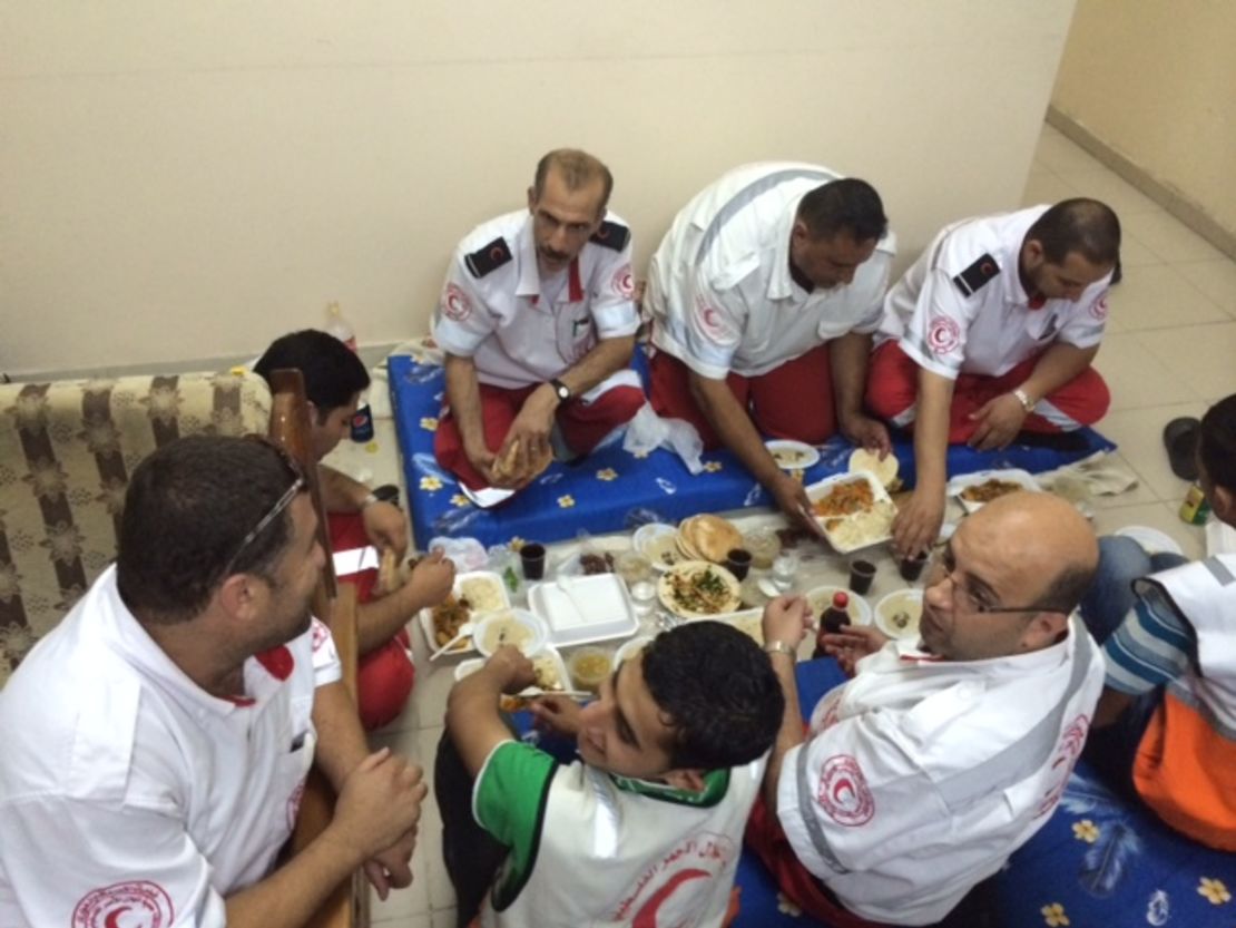 Ambulance crews take a break from their hectic day to break their fast during the Islamic holy month of Ramadan.