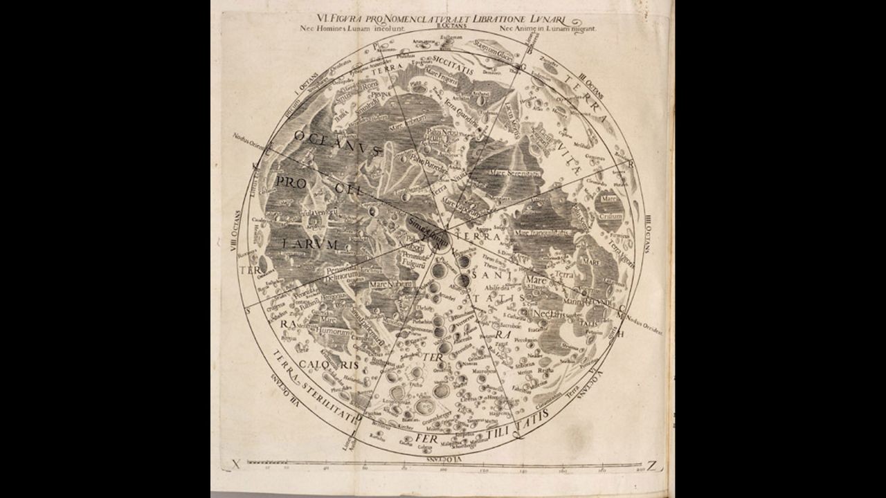<strong><em>Giovanni Battista Riccioli, 1651</em></strong><br /> <br />While Jesuit astronomer Giovanni Battista Riccioli didn't draw the map himself (that was his student and collaborator Francesco Maria Grimaldi), he did develop its complex nomenclature, much of which is still used today. <br /><br />Most features are named after astronomers, scientists and philosophers associated with the moon. The names are organized chronologically, from north to south, and grouped according to nationality and interest to other categories. Riccioli was also the first to refer to the deep depressions on the moon's surface as <em>maria</em>, or seas -- such as the Mare Tranquillitatis -- Sea of Tranquility.<br />