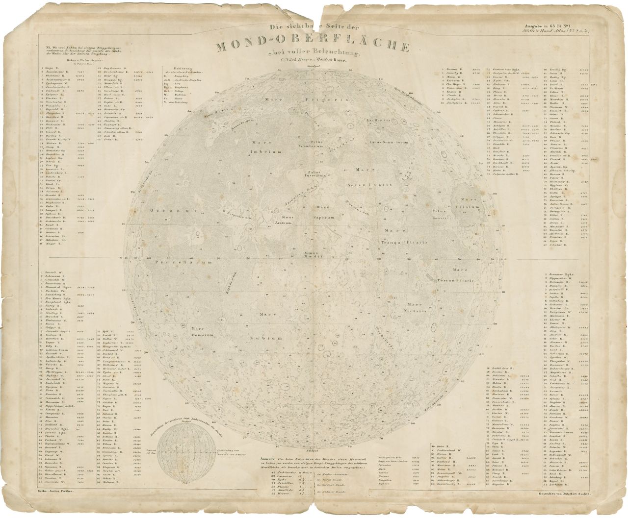 <strong><em>Wilhelm Beer and Johann Heinrich von Mädler, 1834-36</em></strong><br /><br />This exceptionally detailed map was produced by German astronomers Wilhelm Beer and Johann Heinrich von Mädler, and was released in quadrants between 1834 and 1836. Their <em>Mappa Selenographica -- </em>shown here as a closeup from Stieler's Hand-Atlas<em> -- </em>is considered the most complete moon map of its age, and would not be surpassed for 40 years.