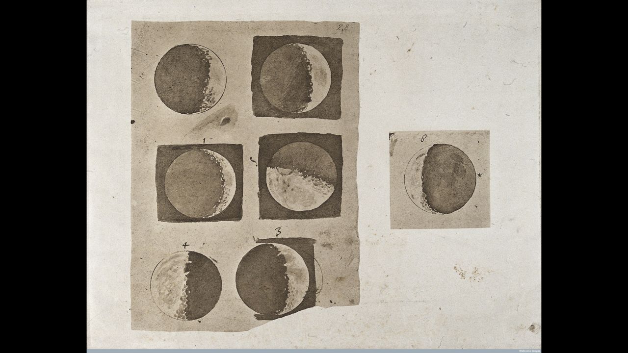 <strong><em>Galileo Galilei, 1610</em></strong><strong> </strong><br /><br />Galileo Galilei, who has been called the "father of modern science," was the first to publish drawings of the moon as seen through a telescope. These wash drawings, published in his treatise <em>Sidereus Nuncius (Sidereal Messenger), </em>show the surface of the moon during its different phases. <br /><br />At the time, it was both groundbreaking and controversial for Galileo to depict the moon as mountainous and irregular. In doing so, he directly challenged (and disproved)  Aristotle's widely believed theory that the moon -- and all other celestial bodies -- were perfectly smooth and spherical. 