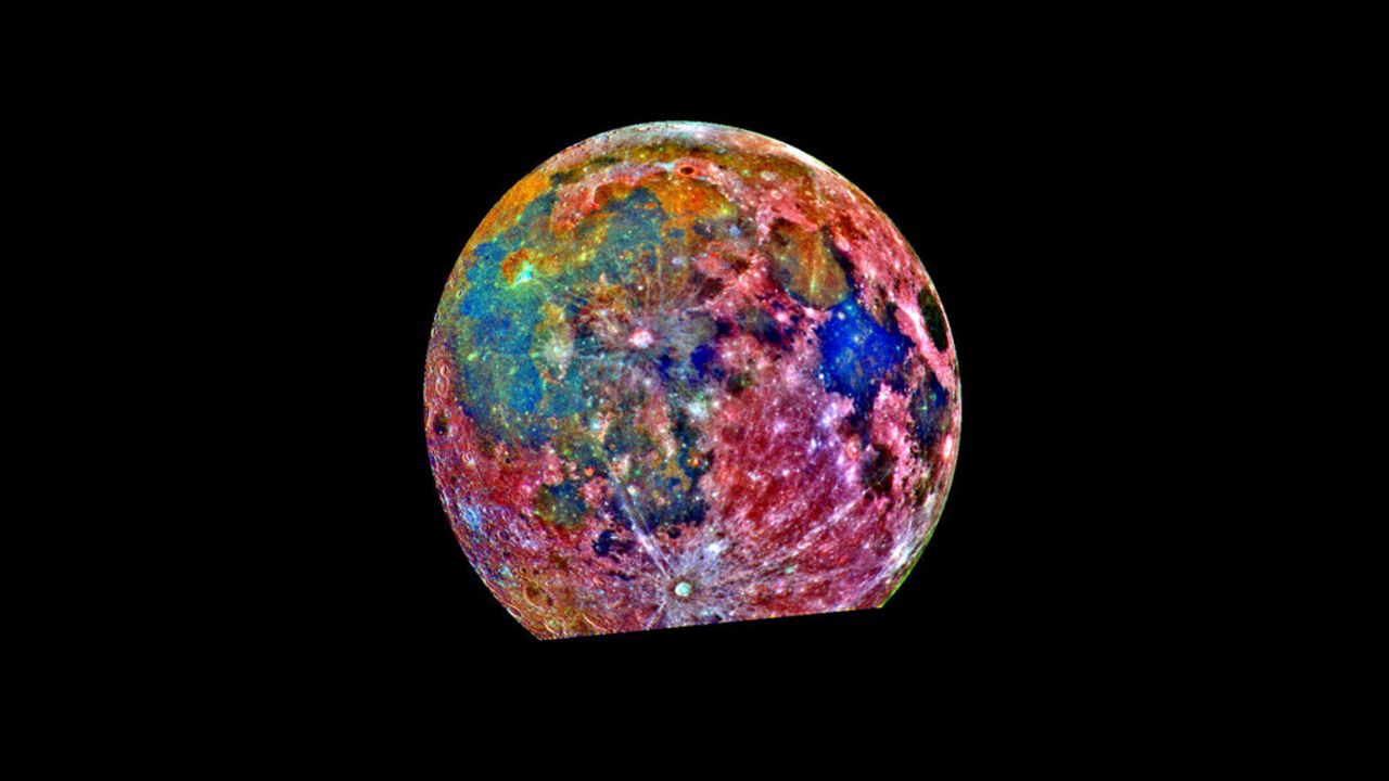 <strong><em>NASA, 1996</em></strong><br /><br />This NASA-produced false color image combined 15 images of the moon taken by the aptly named Galileo Orbiter, in 1992. The different colored filters indicate soil composition. Red areas generally correspond to the lunar highlands, and blue to orange shades indicate the ancient volcanic lava flow of a "mare," or lunar sea. Bluer mare areas contain more titanium than the orange regions. 