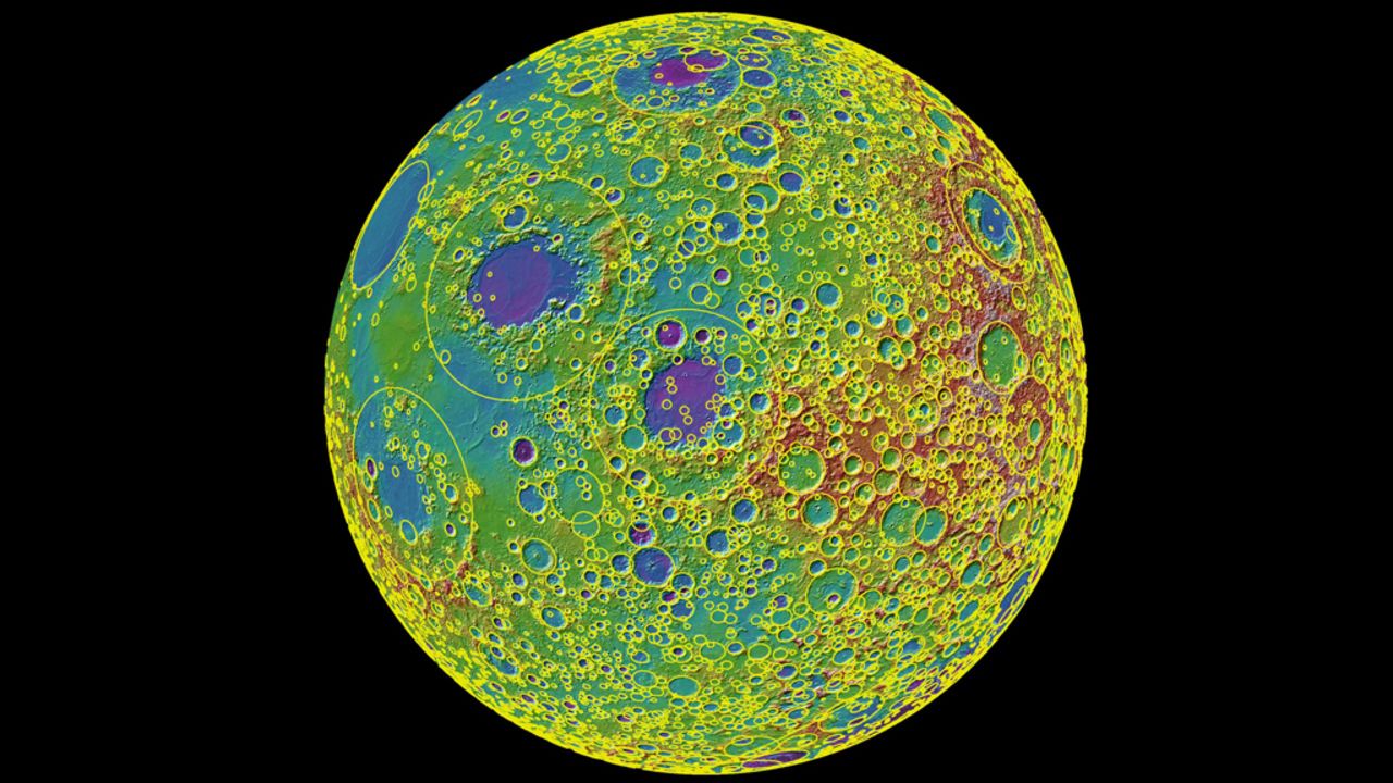 <strong><em>NASA, 2010</em></strong><br /><br />Researchers from NASA's Goddard Space Flight Institute, Brown University, and MIT created the first map of the moon's surface to include all 5,185 of its large craters. It was created using over 3 billion measurements captured by NASA's Lunar Reconnaissance Orbiter over the course of one year. (Check out the <a href="https://www.youtube.com/watch?v=WzvOR4utFng" target="_blank" target="_blank">very-cool video projection</a> here.)