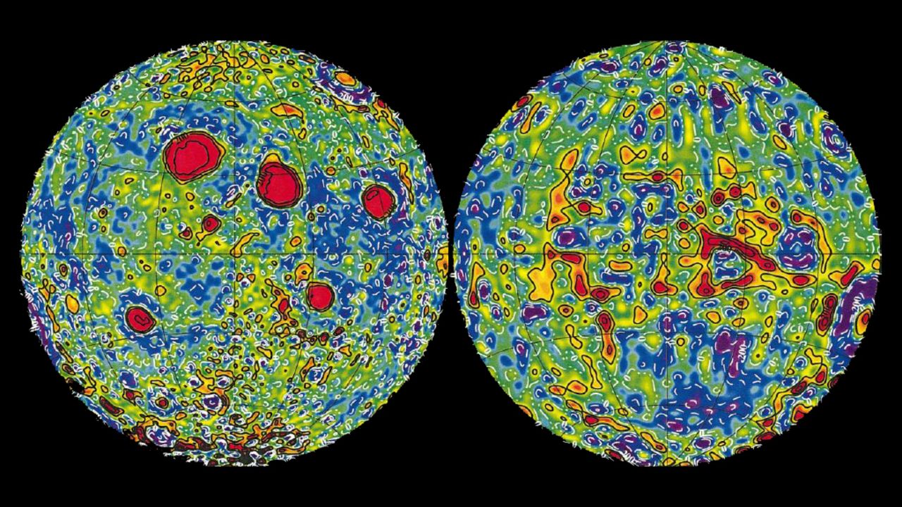 <strong><em>NASA, 1999</em></strong><br /><br />This NASA map, created by the Lunar Prospector mission, shows how the force of gravity differs across the moon's surface. It's much more powerful around the red spots, which represent "mascons" (high concentrations of dense materials beneath the surface).