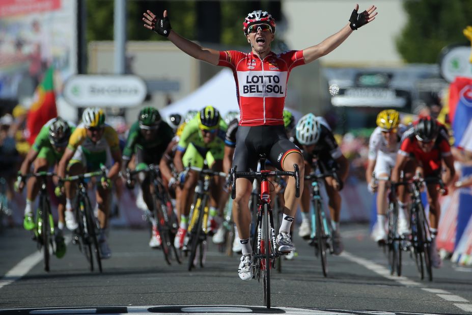 Tony Gallopin can afford to raise his arms in triumph after taking the 11th stage of the Tour de France ahead of a group of leading contenders.