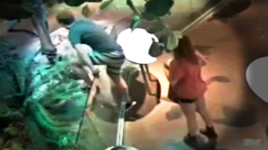 In surveillance images, a male in striped shorts is seen climbing over a low glass barrier.