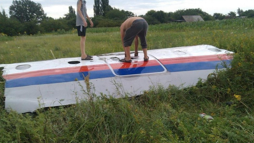 People inspect a piece of wreckage believed to be from Malaysia Airlines flight MH17 in Ukraine. This image was posted to Twitter.