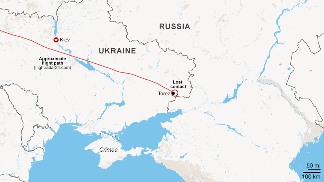 Map: Approximate route of MH17