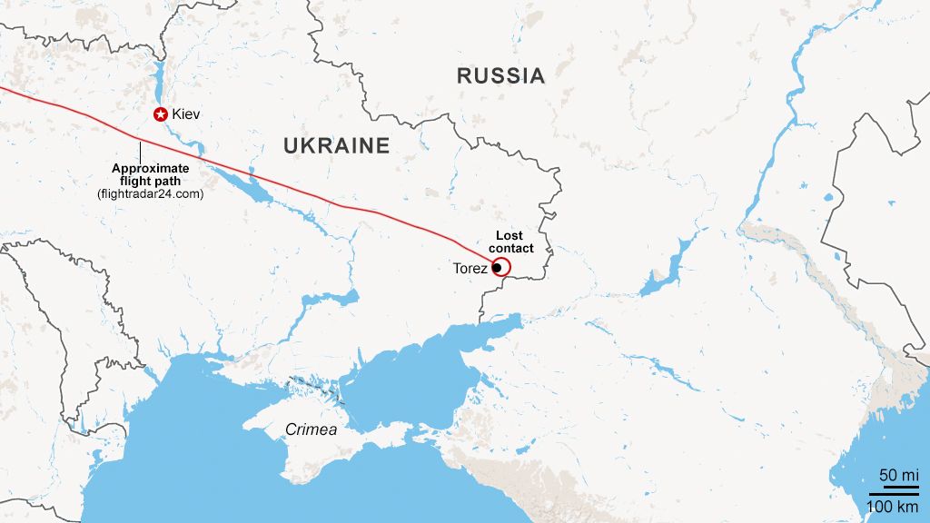 Map: Approximate route of MH17