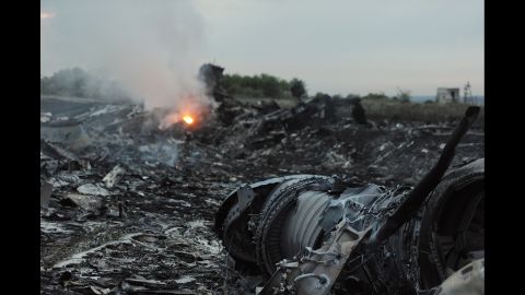 Debris from the crashed jet lies in a field in Ukraine.