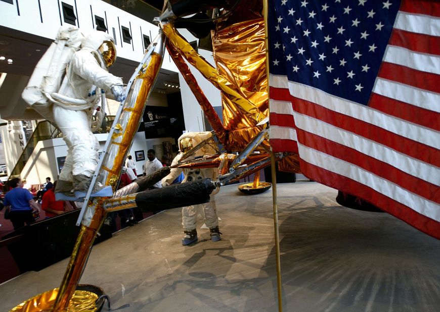 An American flag is part of the display at the Smithsonian's National Air and Space Museum.