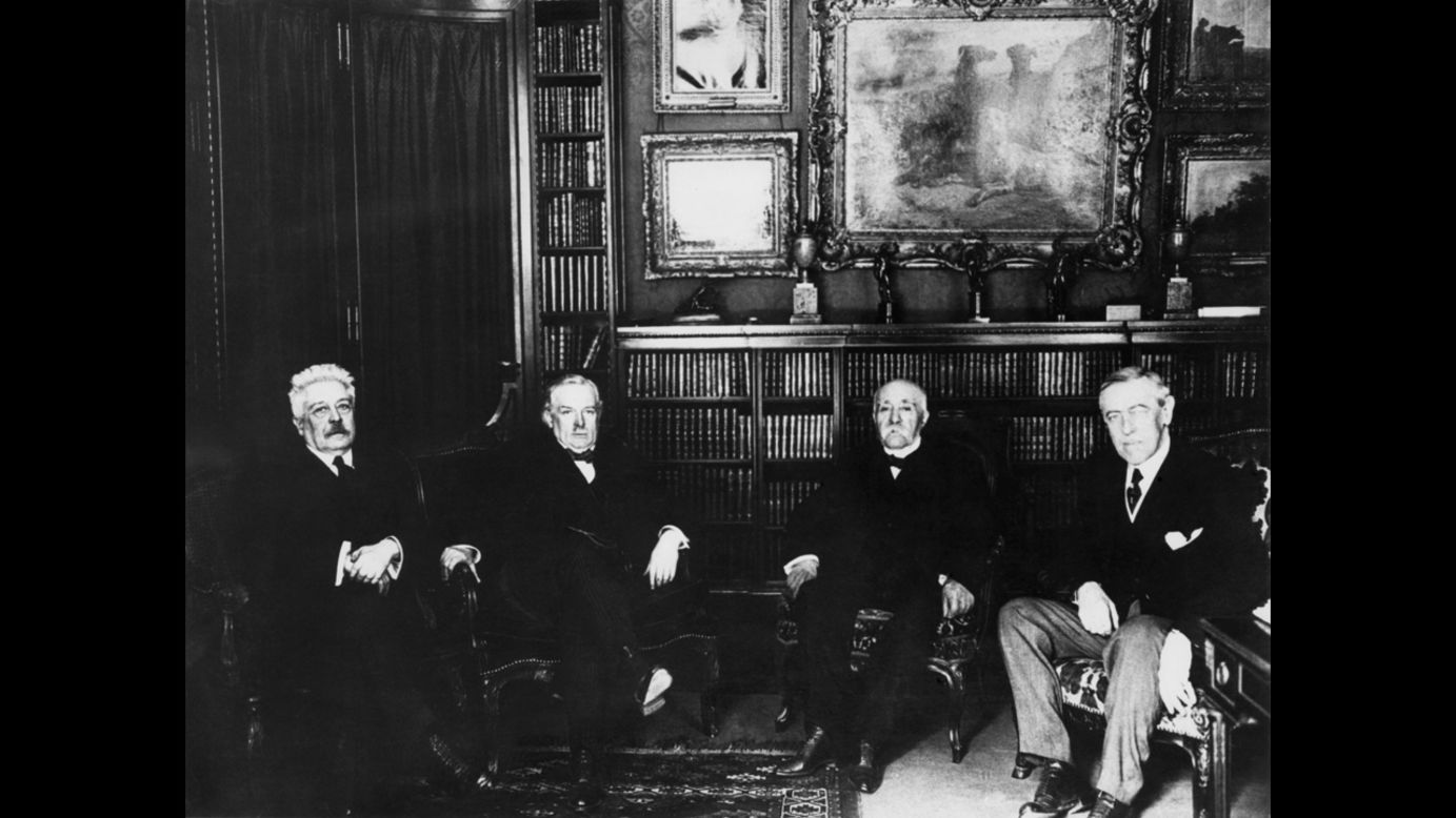 At the Paris Peace Conference, held earlier in 1919, some 30 nations  convened to reach the terms of peace, but it was "The Big Four" who would hold sway on Versailles' terms.  Left to right: Italian Prime Minister Vittorio Orlando, British Prime Minister David Lloyd George, French Prime Minister Georges Clemenceau and U.S. President Woodrow Wilson. 