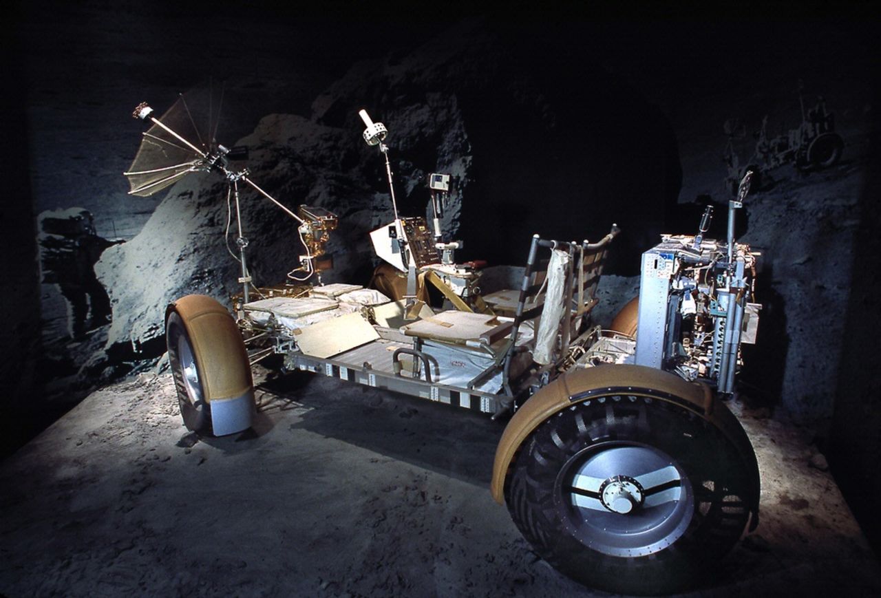 The lunar roving vehicle qualification test unit is on display at the National Air and Space Museum.