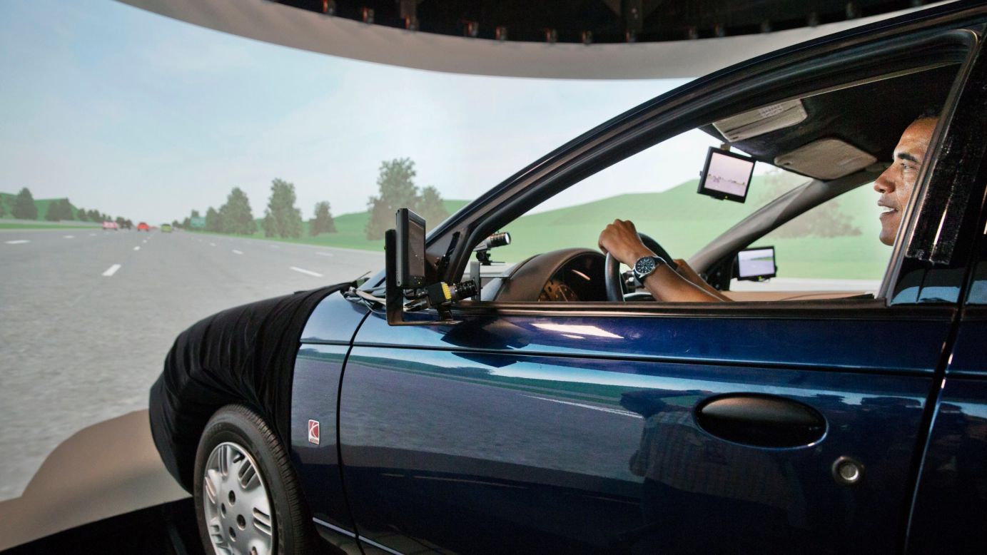 President Barack Obama<a href="http://politicalticker.blogs.cnn.com/2014/07/15/obamas-republican-road-rage/" target="_blank"> tests a car simulator</a> during a tour of the Turner-Fairbank Highway Research Center in McLean, Virginia, on Tuesday, July 15. The President, who hasn't been behind a steering wheel regularly since taking office, said the experience made him a little queasy. "I think I had a little bit of a lead foot; I was starting to hit 90," he told a crowd afterward.