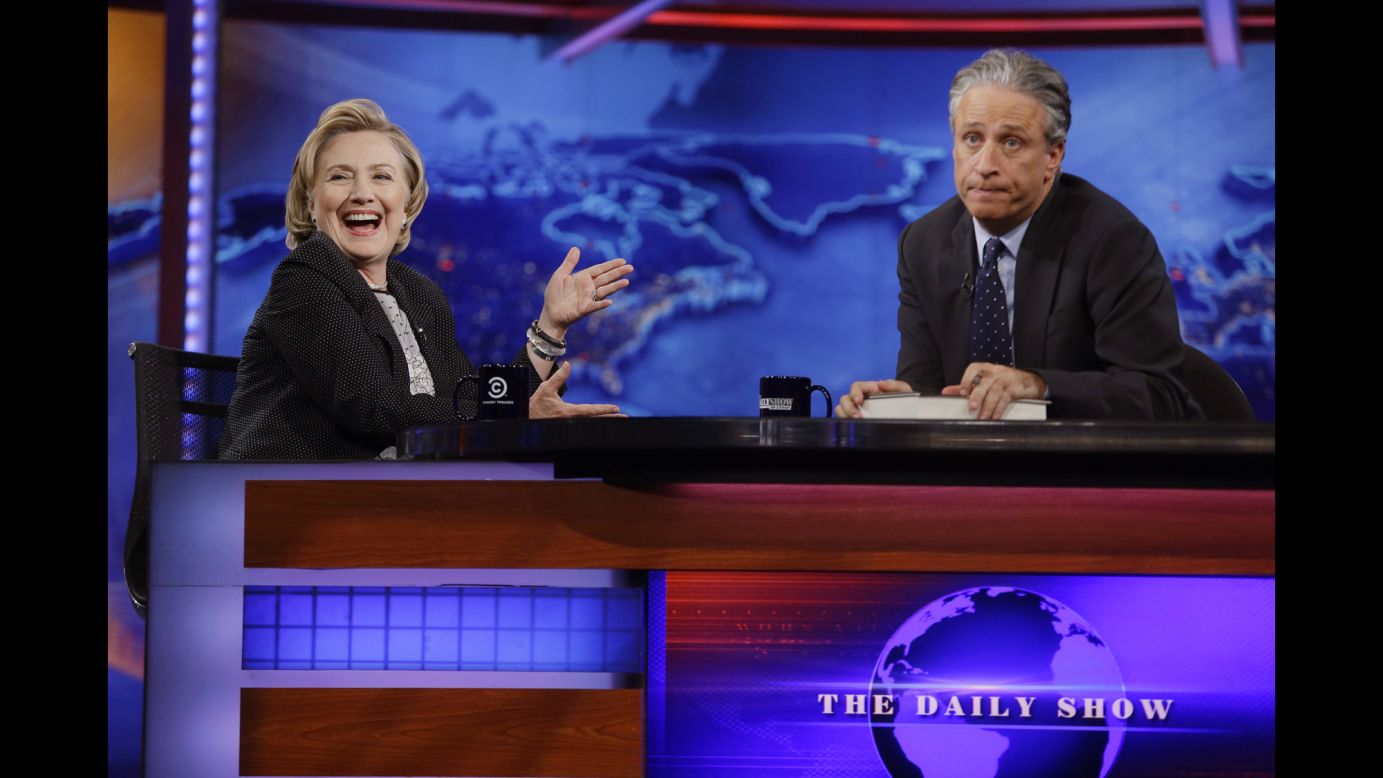 Hillary Clinton reacts during <a href="http://www.cnn.com/2014/07/16/politics/clinton-daily-show/index.html" target="_blank">an interview with Jon Stewart</a> on "The Daily Show" in New York on Tuesday, July 15. When Stewart gave Clinton a career aptitude test, her answers alluded to a presidential bid.