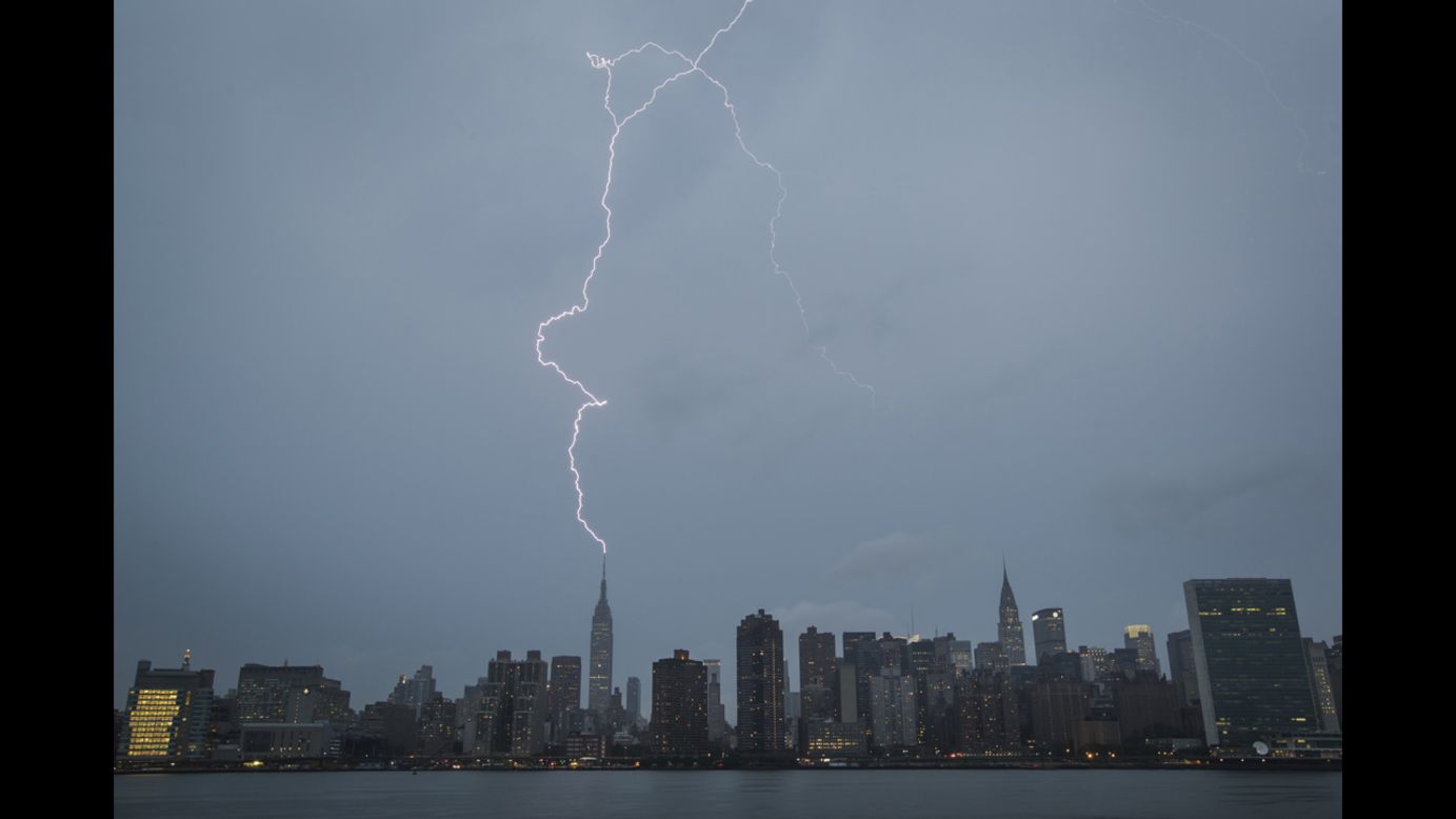 A bolt of lightning strikes the Empire State Building during a summer rainstorm in New York on Tuesday, July 15.