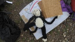 A toy monkey is seen among the debris from the crash.