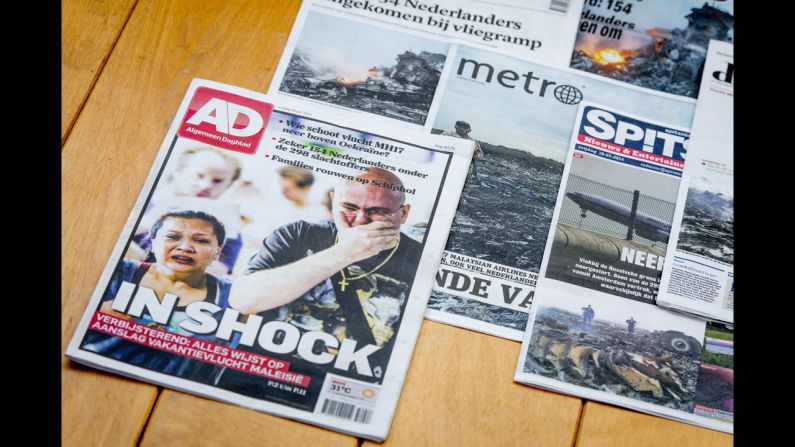 Dutch newspapers feature the crash of a Malaysian plane on Thursday, July 17.
