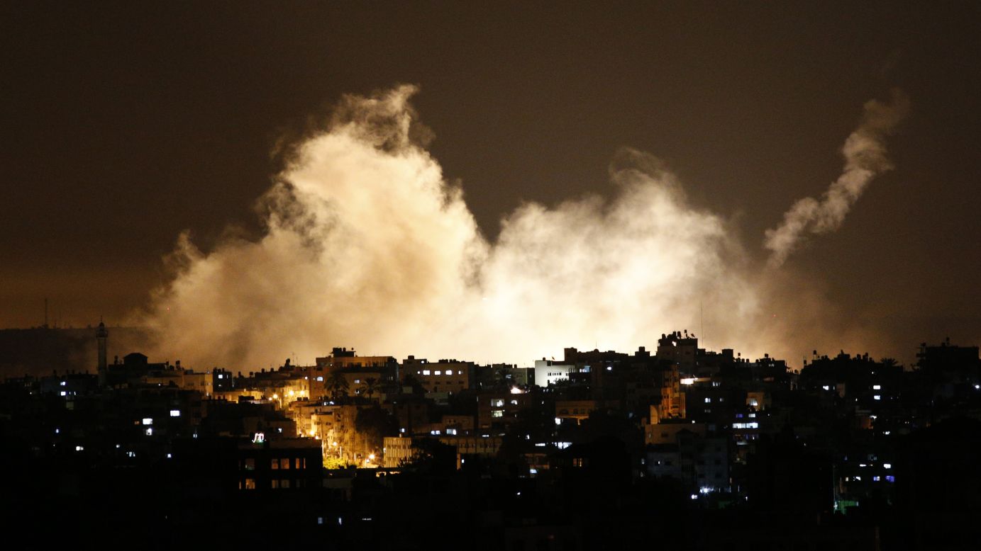 Flare smoke rises into the Gaza City sky on Thursday, July 17. 
