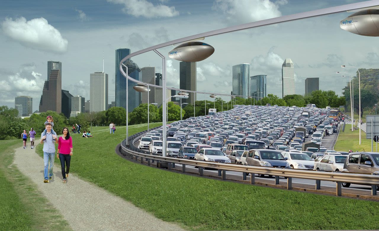 SkyTran's pods would rise above the inconvenience of everyday traffic, on elevated guide rails.