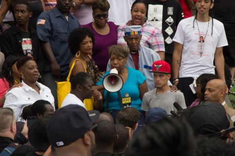 Garner's mother, Gwen Carr, speaks at the July 2014 demonstration. 