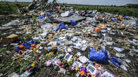 Flowers, soft toys along with pictures are left among the wreckage at the site of the crash of a Malaysia Airlines plane carrying 298 people from Amsterdam to Kuala Lumpur.