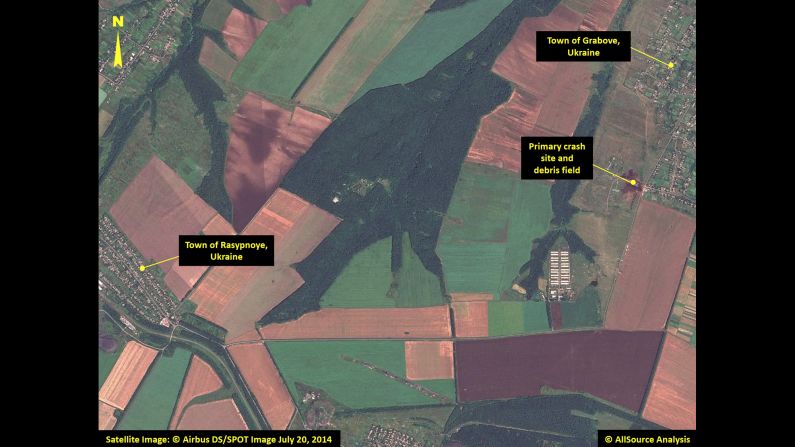 This satellite image shows the primary crash site of Malaysia Airlines Flight 17 between the towns of Hrabove (spelled Grabove in Russian) and Rasypnoye, Ukraine. The Boeing 777 was shot down Thursday, July 17, with a surface-to-air missile in Ukrainian territory controlled by pro-Russian rebels. All 298 people aboard died. The satellite imagery was collected on Sunday, July 20, by <a href="index.php?page=&url=http%3A%2F%2Fairbusdefenceandspace.com%2F" target="_blank" target="_blank">Airbus Defense & Space</a>, and was analyzed by <a href="index.php?page=&url=http%3A%2F%2Fwww.allsourceanalysis.com%2F" target="_blank" target="_blank">AllSource Analysis</a>. Click through to see more of the satellite imagery: