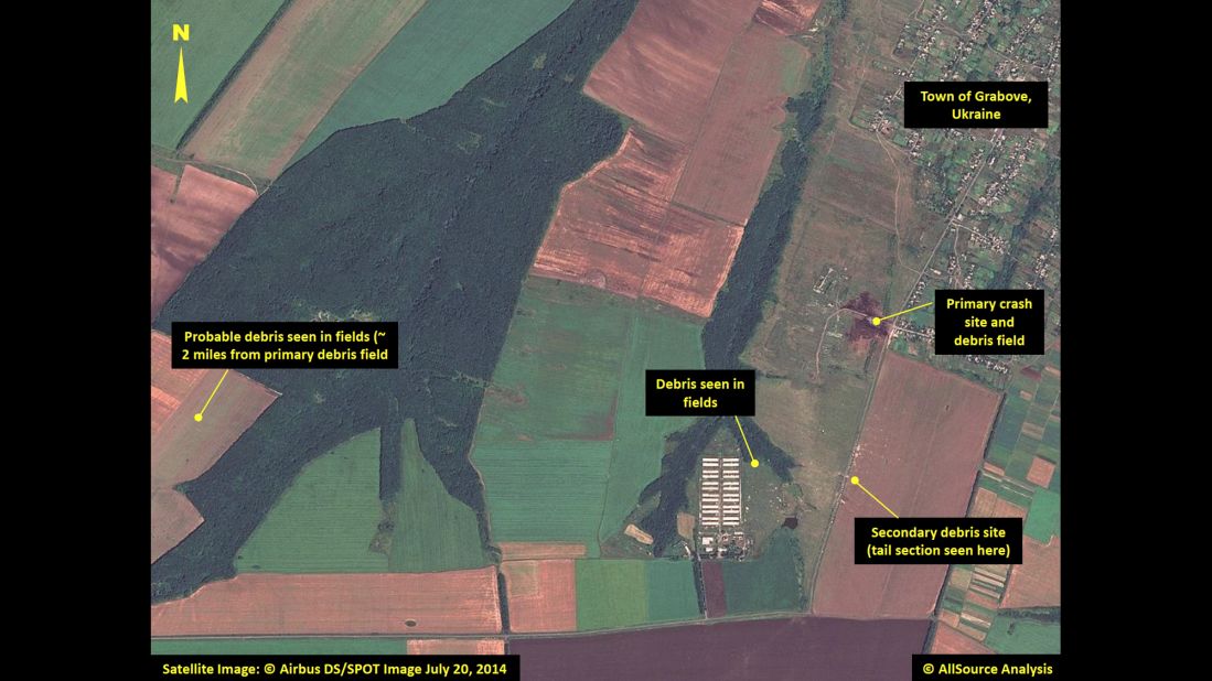 Multiple locations with debris are pointed out in this image, including the site of the plane's tail section.