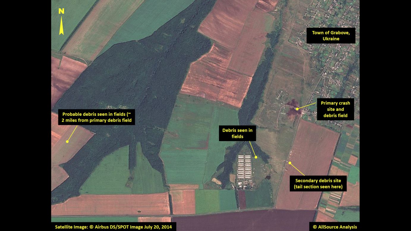 Multiple locations with debris are pointed out in this image, including the site of the plane's tail section.